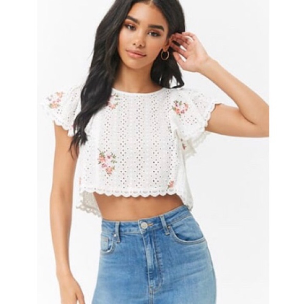 Floral Embroidered Open Back Eyelet Top